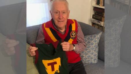 Daryl Hicks and his wife Tricia have handed back a Tasmania state guernsey to the family of Kevin Pelham, who he played against in 1969. Pictures supplied