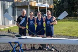 Gerry Steenkamer, 65, and his daughter Bridget Steenkamer, 31, with Alan Howard, 61, and his daughter Carmen Howard, 37, preparing to compete in the Australian Masters Rowing Championships at Lake Barrington. Picture by Paul Scambler