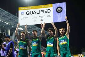 Sebastian Sultana (NSW), Jacob Despard (Tasmania), Calab Law (Queensland) and Josh Azzopardi (NSW) celebrate in The Bahamas. Picture by Athletics Australia